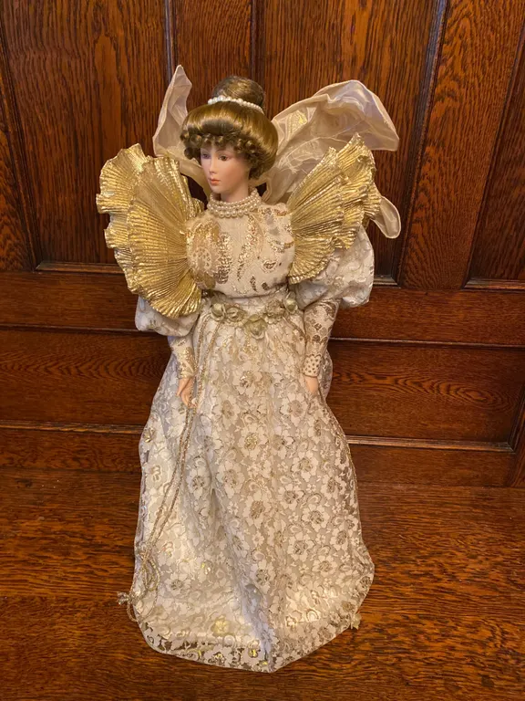 Porcelain Angel Doll with Lace Dress and Gold Wings
