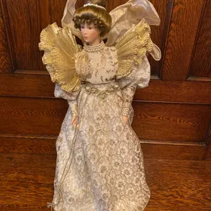 Porcelain Angel Doll with Lace Dress and Gold Wings