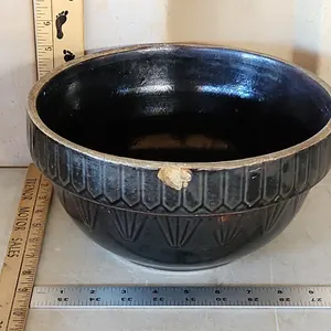Vintage Crock Mixing Bowl Black Glaze Picket Fence Pattern Chipped 10.5"X5.25"