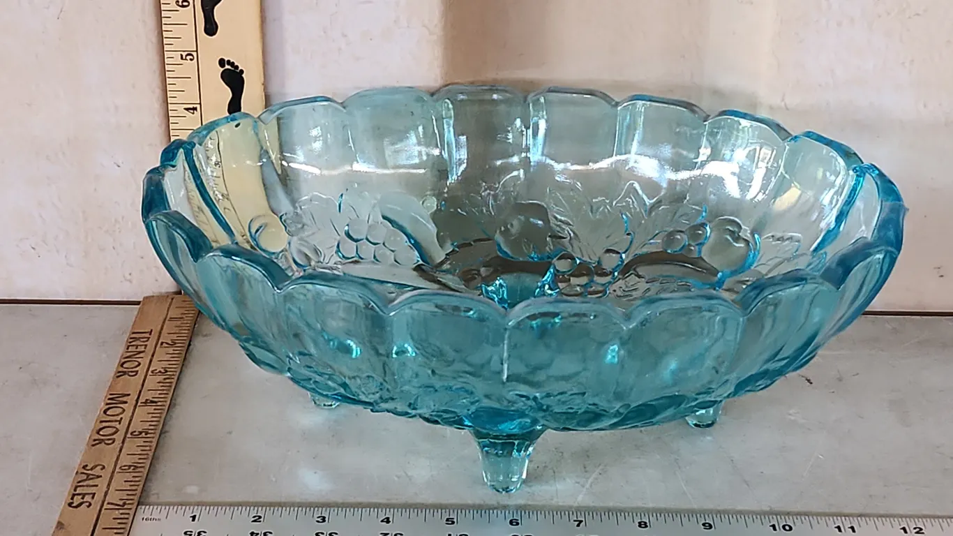 Vintage Indiana Glass Ice Blue Harvest Fruit Bowl 12"X8.5"X4.5"