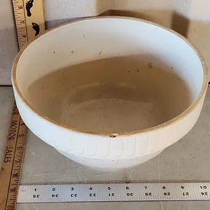 Vintage Crock Mixing Bowl White Glaze Picket Fence Pattern Chipped 10.25"X5.25"