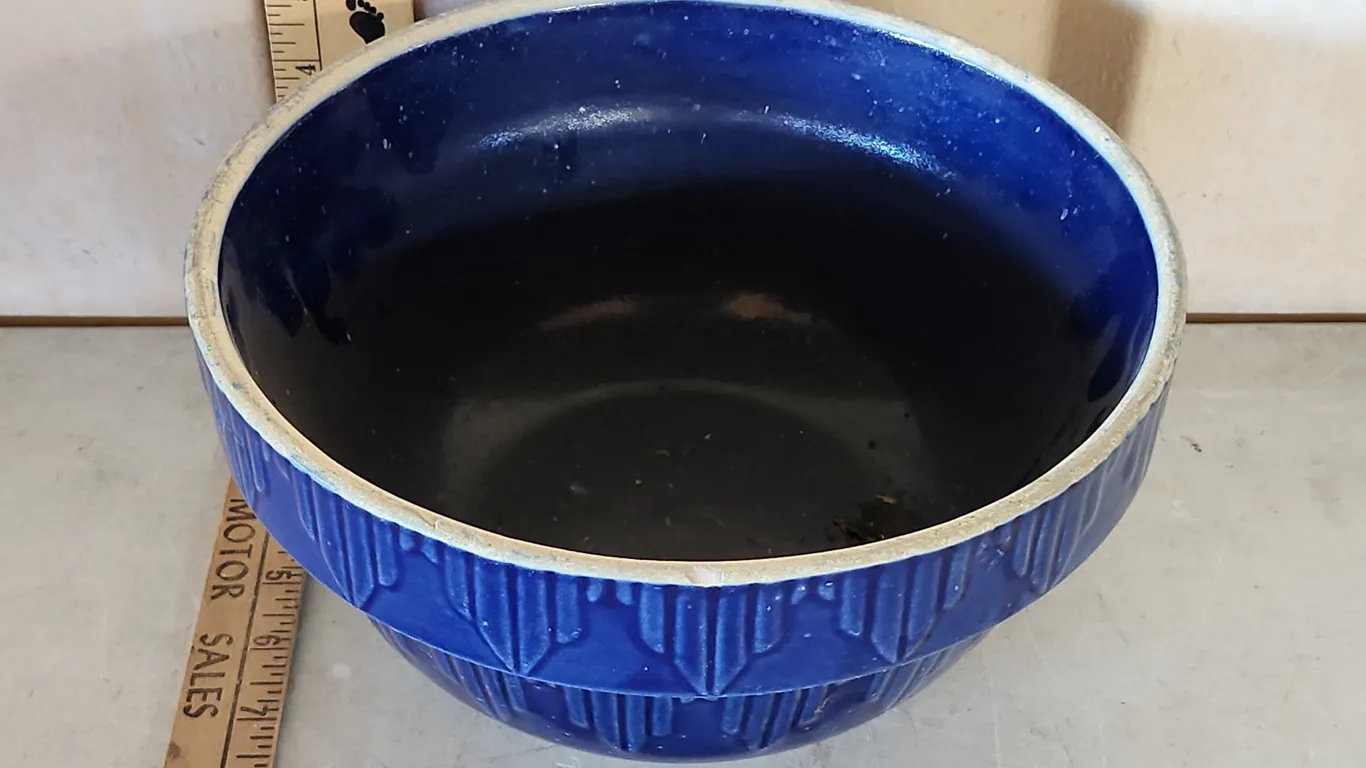Vintage Crock Mixing Bowl Blue Glaze Picket Fence Pattern Chipped 10"X5"
