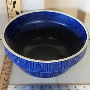 Vintage Crock Mixing Bowl Blue Glaze Picket Fence Pattern Chipped 10"X5"