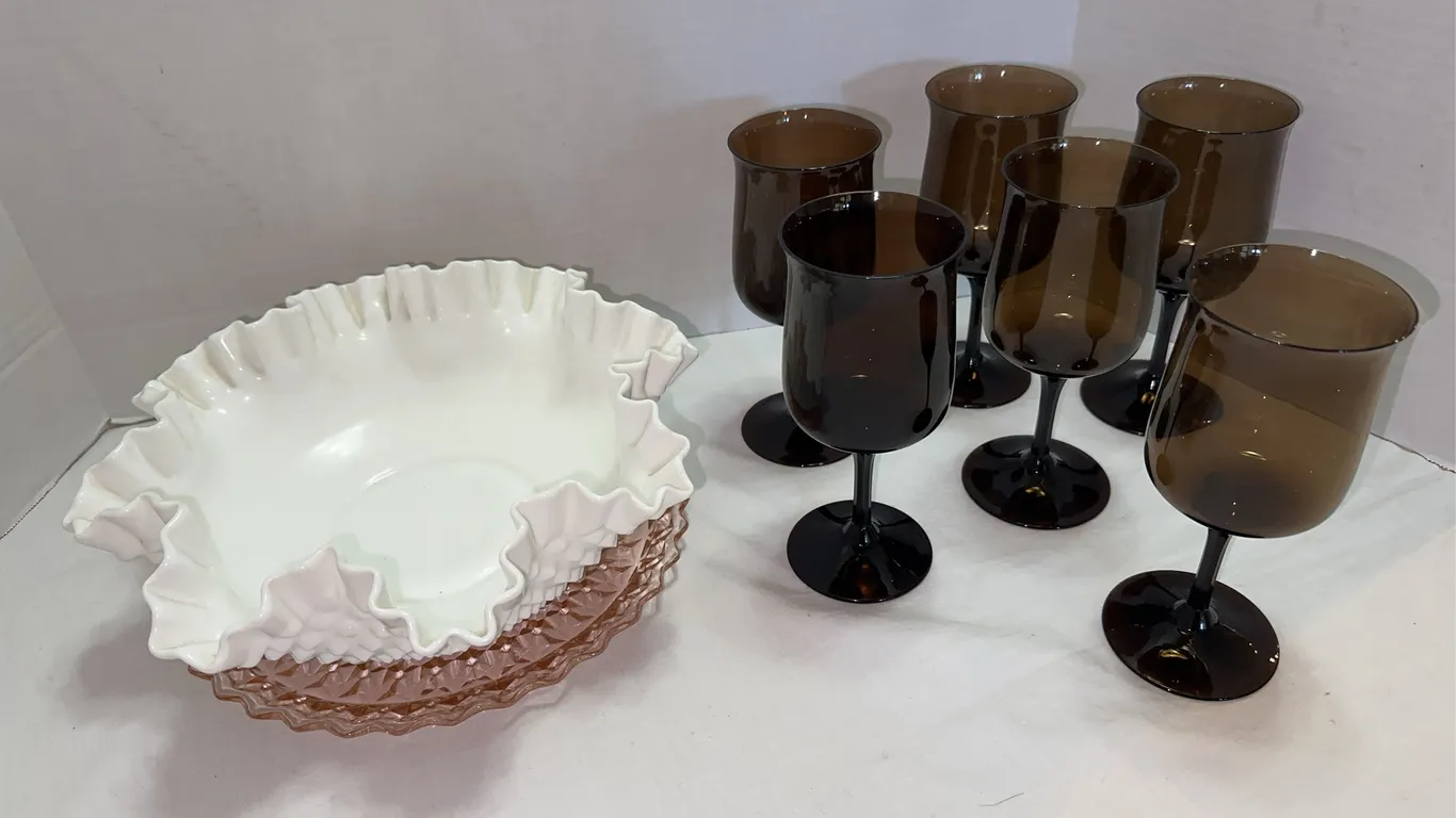 LENOX espresso glass stemware + hobnail wavy bowl + pink depression plate