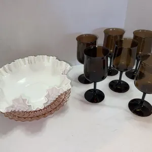 LENOX espresso glass stemware + hobnail wavy bowl + pink depression plate