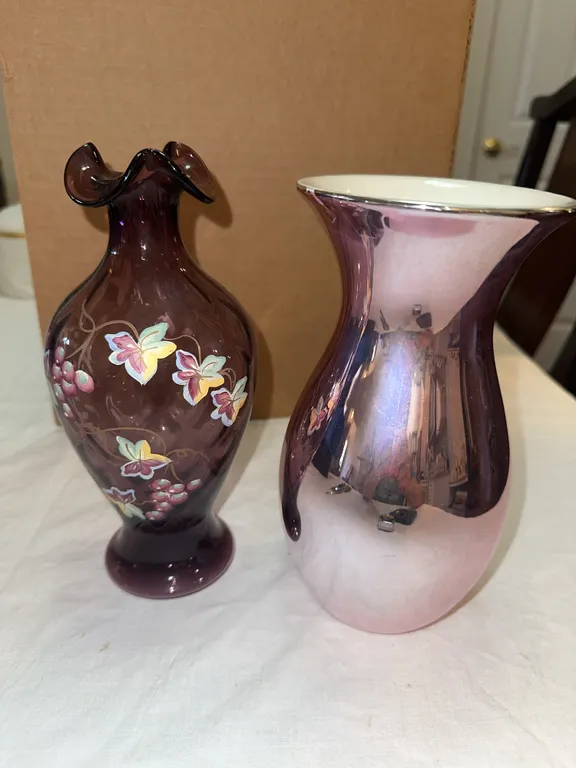 Handpainted Fenton glass vase, etc.