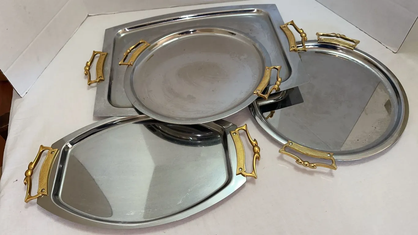KROMEX serve trays - chrome w/ goldtone handles