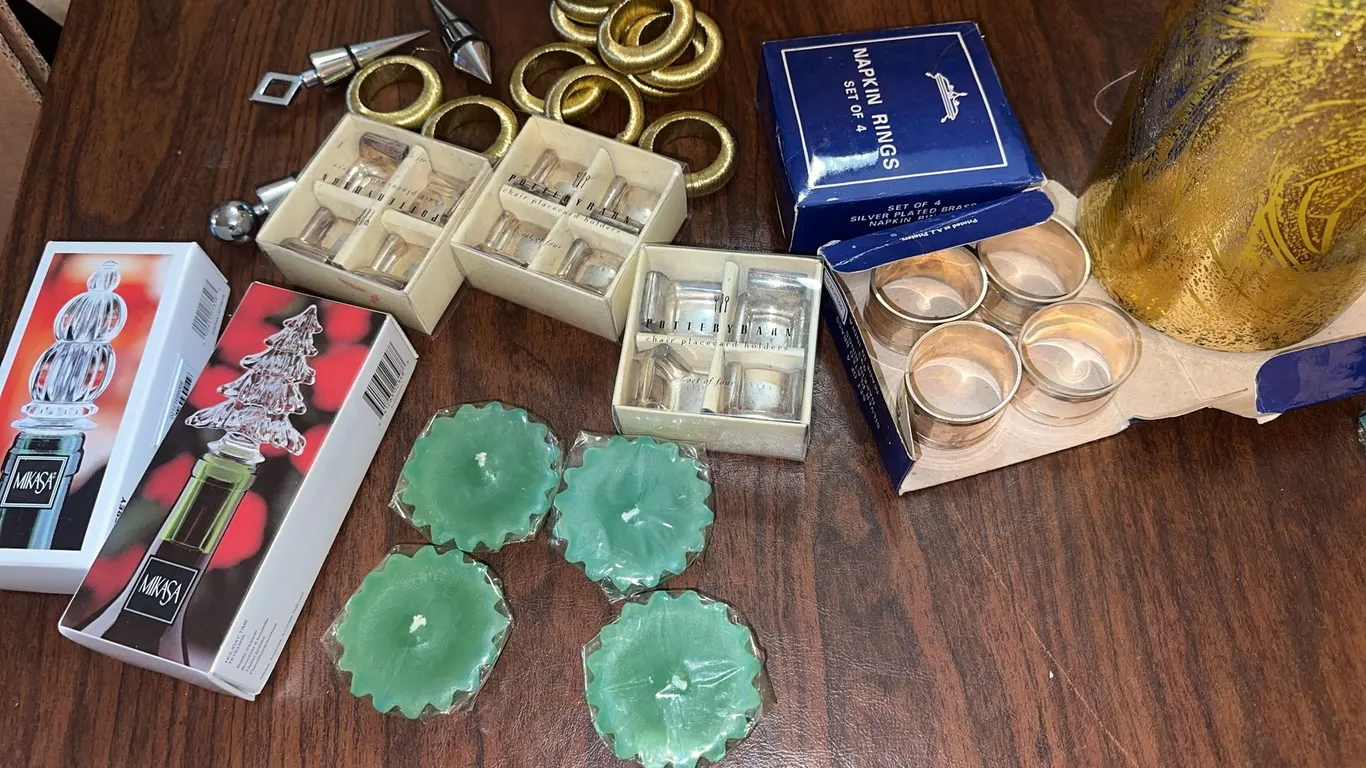 Mikasa bottle stoppers, Pottery Barn, napkin rings, etc.