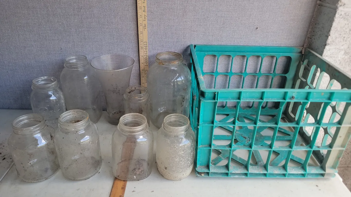 Plastic Crate & Assorted Glass Jars Unmarked