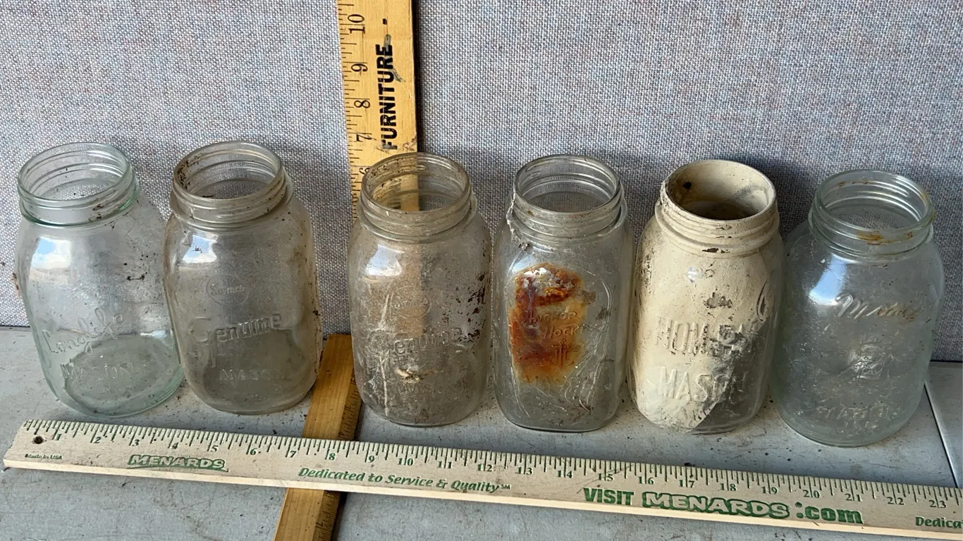 6 Vintage 1 Qt. Glass Canning Jars-Hompak Mason, Longlife Mason, Anchor Hocking Mason, Samco Genuine