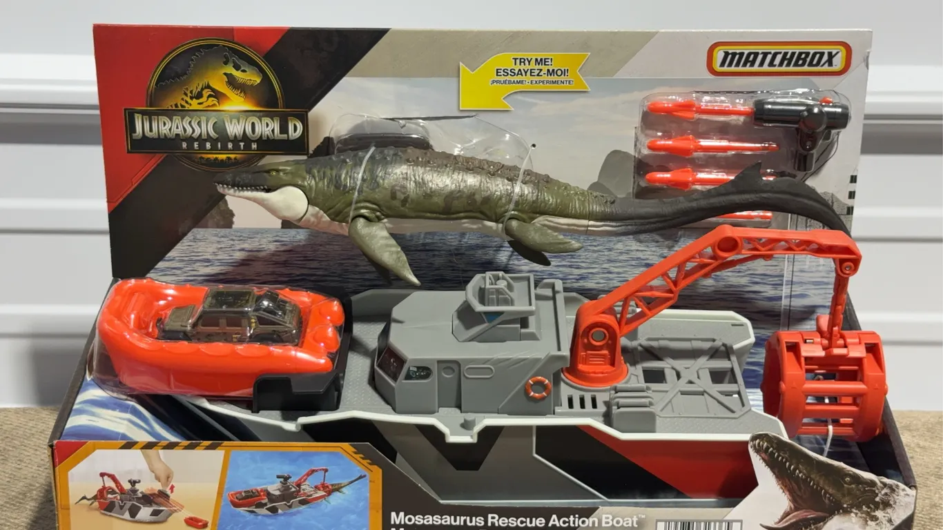 *NEW* Matchbox Jurassic World Mosasaurus Rescue Action Boat Playset with Ship, Dino, Toy Car & Missi