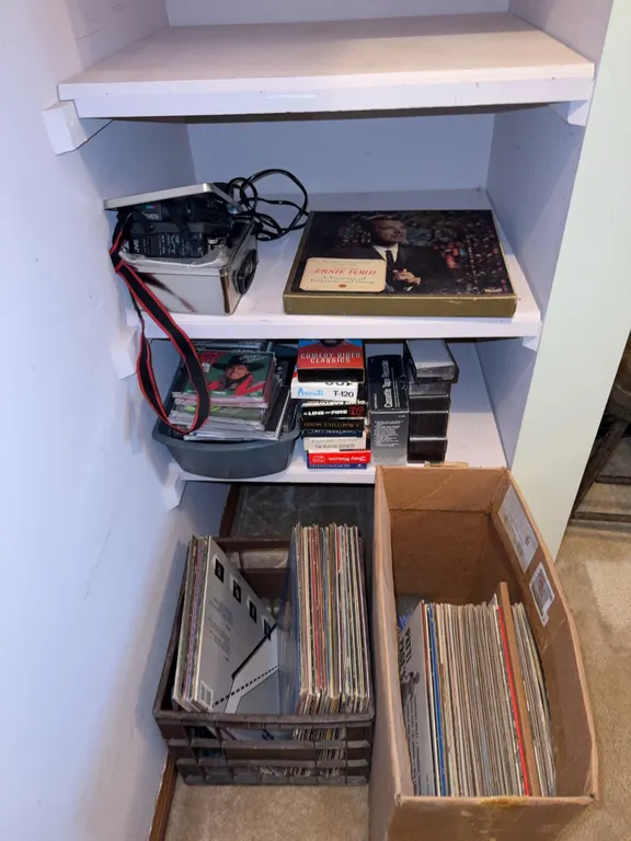 Vintage records, cassettes, and VHS tapes