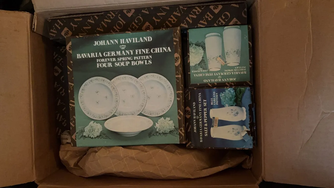 box of assorted fine china