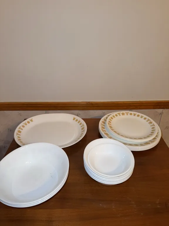 White glass, China plates, bowls