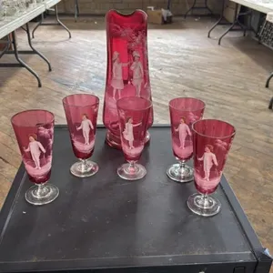 Vintage Cranberry Glass Pitcher and 5 Tumblers Set