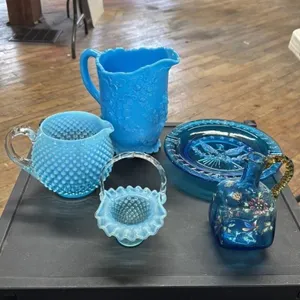 Vintage Blue Opalescent Glassware Lot - Pitcher, B