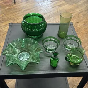 Vintage Green Glassware Set - Bowl, Pitcher, Vase,