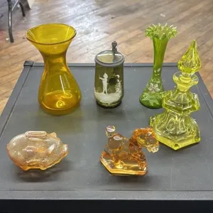 Vintage Amber Glass Vase, Green Glass Ewer Vase, A