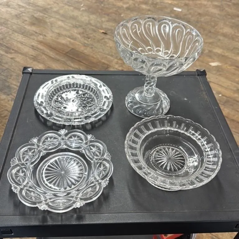 Vintage Clear Glass Footed Compote Dish and 3 Smal