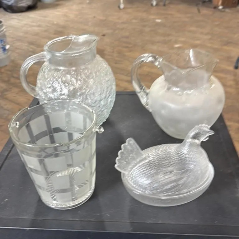 Vintage Glass Pitcher Set with Chicken Dish