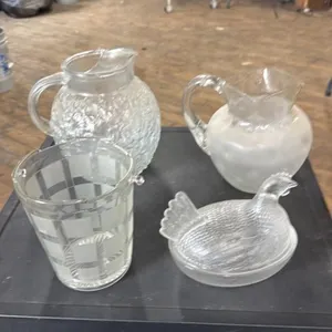 Vintage Glass Pitcher Set with Chicken Dish