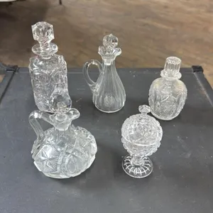 Set of 5 Vintage Crystal Glass Decanters and Vials