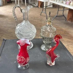 Vintage Glass Decanter, Pitcher, and Decorative Va