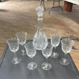 Crystal Decanter and 6 Etched Wine Glasses Set