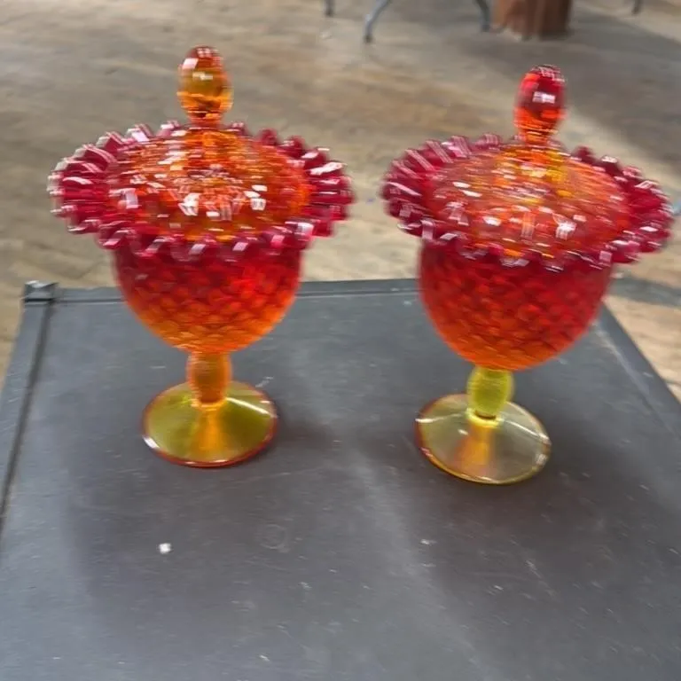 Pair of Vintage Amber and Red Glass Hobnail Covere