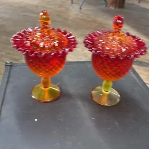 Pair of Vintage Amber and Red Glass Hobnail Covere
