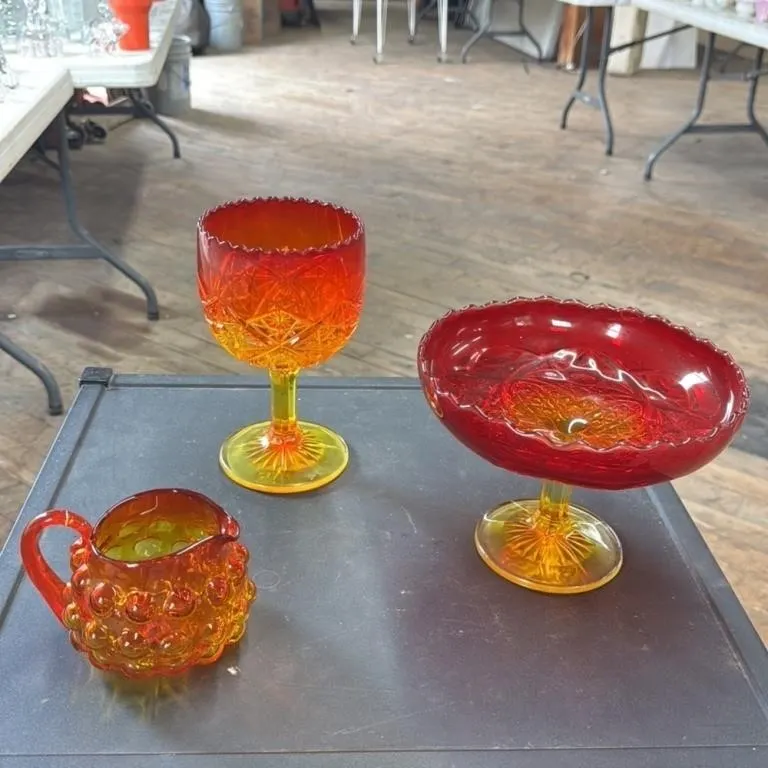 Vintage Amber and Red Carnival Glass Pitcher and F