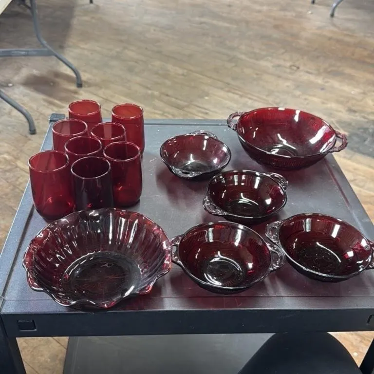 Vintage Ruby Red Glassware Set - 8 Tumblers and 5