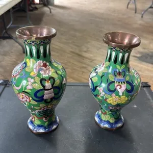 Pair of Vintage Cloisonné Vases Green Floral Desi