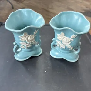 Vintage Weller Pottery Blue Rose Vase Pair