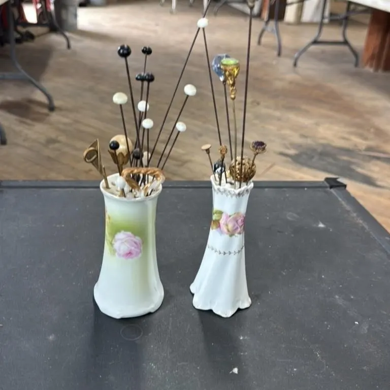 Antique Porcelain Vases with Assorted Hat Pins