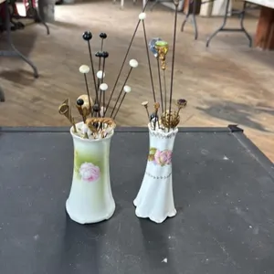 Antique Porcelain Vases with Assorted Hat Pins