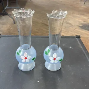 Pair of Vintage Hand-Painted Glass Bud Vases