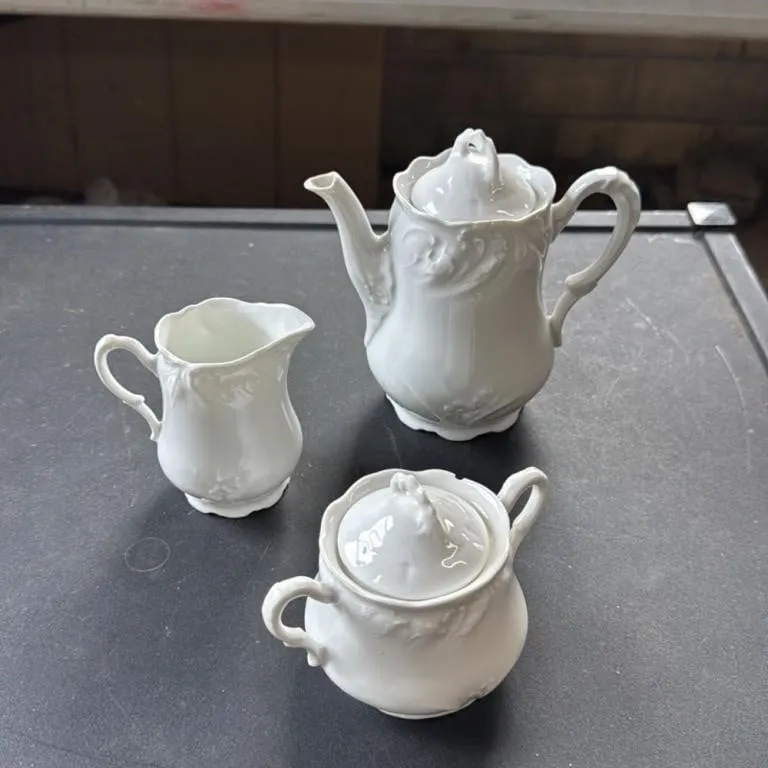 Vintage White Porcelain Creamer, Sugar Bowl & Teap