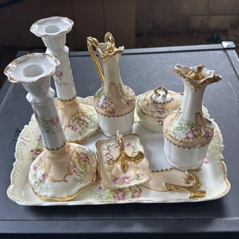 Vintage Porcelain Vanity Set with Tray Candlestick
