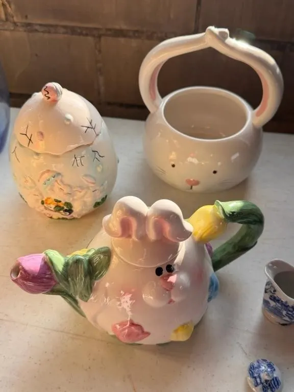 Easter Ceramic Bunny Themed Lot - Candy Dish, Egg