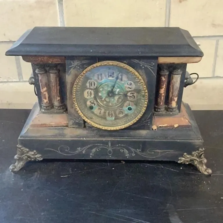 Antique Mantel Clock - Black Wood with Ornate Deta