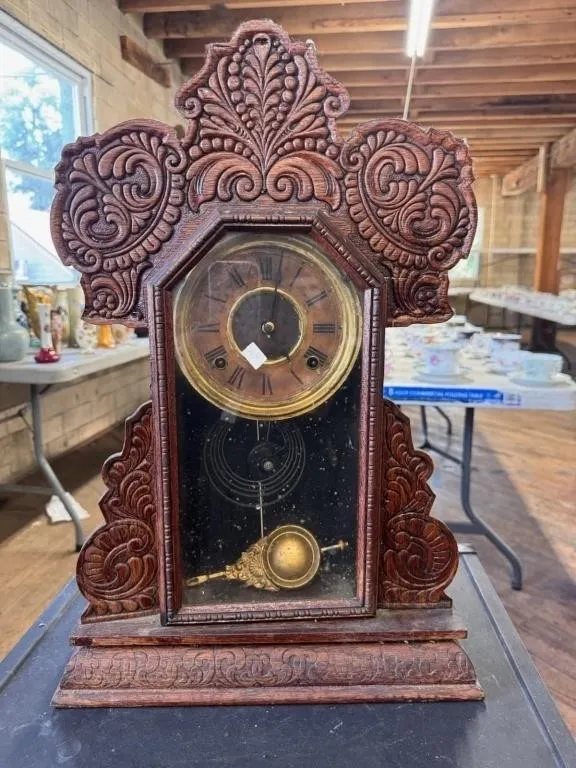 Antique Wooden Mantel Clock with Decorative Front