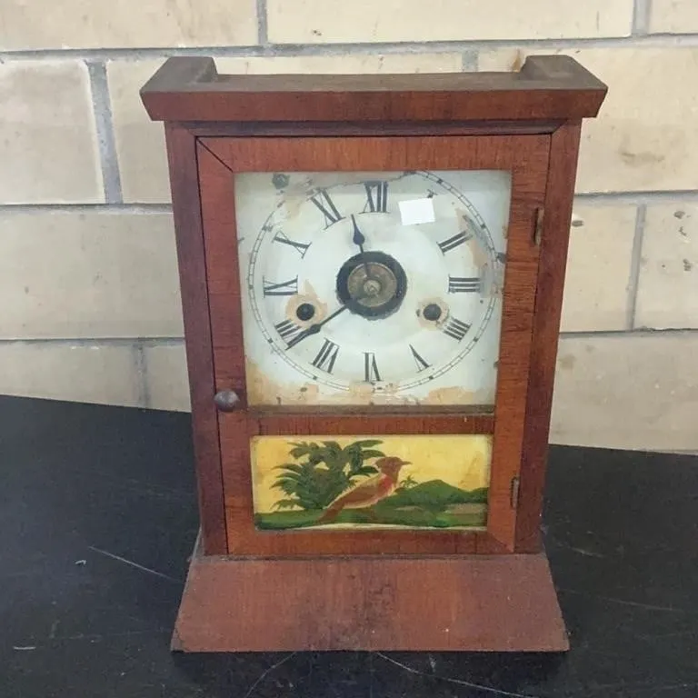 Antique Wooden Mantel Clock with Painted Bird Scen