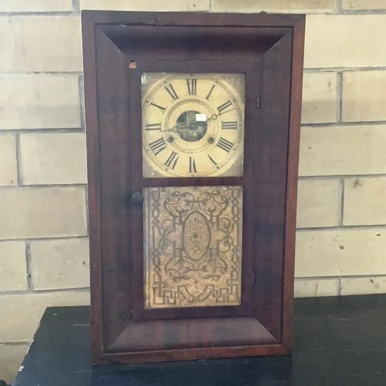 Antique Wooden Mantel Clock with Decorative Panel