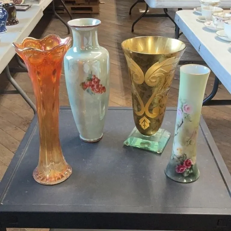 Vintage Vase with Grapes Design and Red Rim