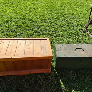 Wood Storage Chest and Green Metal Trunk
 UNRESERVED