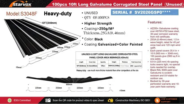 Quantity of (100) 2026 STARVOX S3048F 35 in x 10 ft Galvalume Corrugated Steel Panels (Black) (Unused)