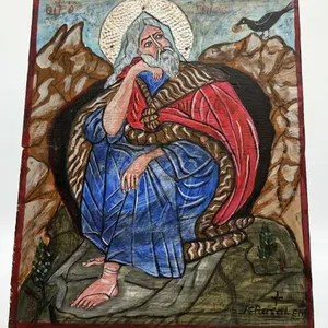 Religious Icon-Style Painting on Wood, Depicting Elijah, 13 x 10 Inches, Artist Signed