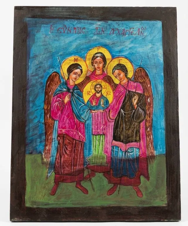 Hand-Painted Religious Icon Panel on Wood with Angels and Christ, 18'' x 14''