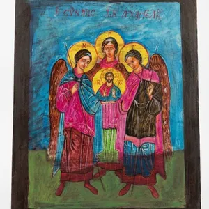 Hand-Painted Religious Icon Panel on Wood with Angels and Christ, 18'' x 14''